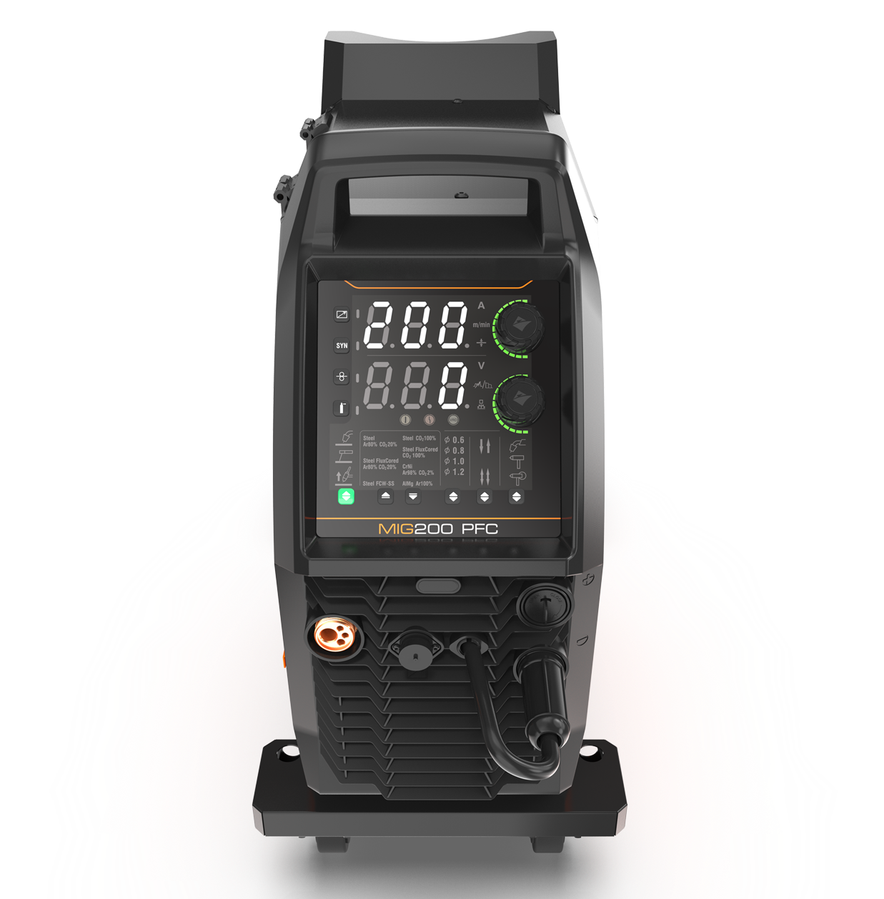 Front view of the Jasic EM-200CT EVO Mig 200 Multi Process Compact PFC 95-265v welding machine, featuring a digital display, control knobs, and cable connections, set against a plain white background.