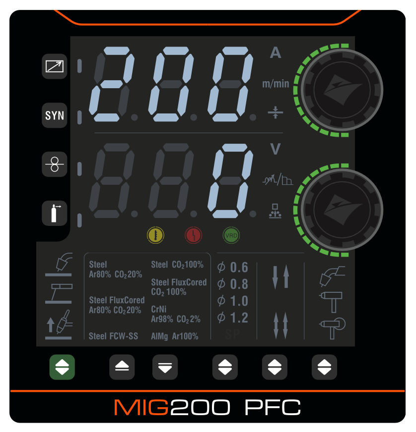 The digital control panel of the Jasic EM-200CT EVO Mig 200 Multi Process Compact PFC 95-265v welding machine displays various settings such as amperage, voltage, wire speed, and welding modes. Its prominent display screen and adjustment knobs highlight the machine's multi-process MIG capabilities. Clearly marked icons and material selection options ensure ease of use for the operator.