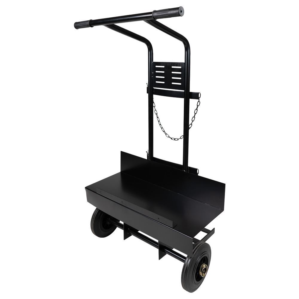 Black metal utility trolley with two large wheels, a platform for carrying items, an upright handlebar, and a short safety chain. The trolley is empty and set against a plain white background.
