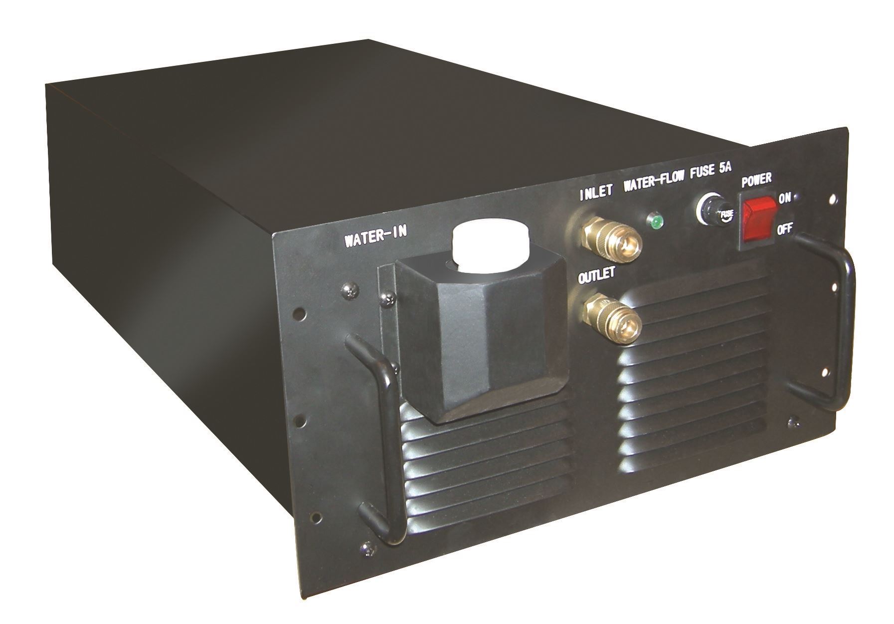 Black industrial equipment box with two brass inlet/outlet connectors, a white cap, a fuse, LED indicators, and a red on/off power switch on the front panel.