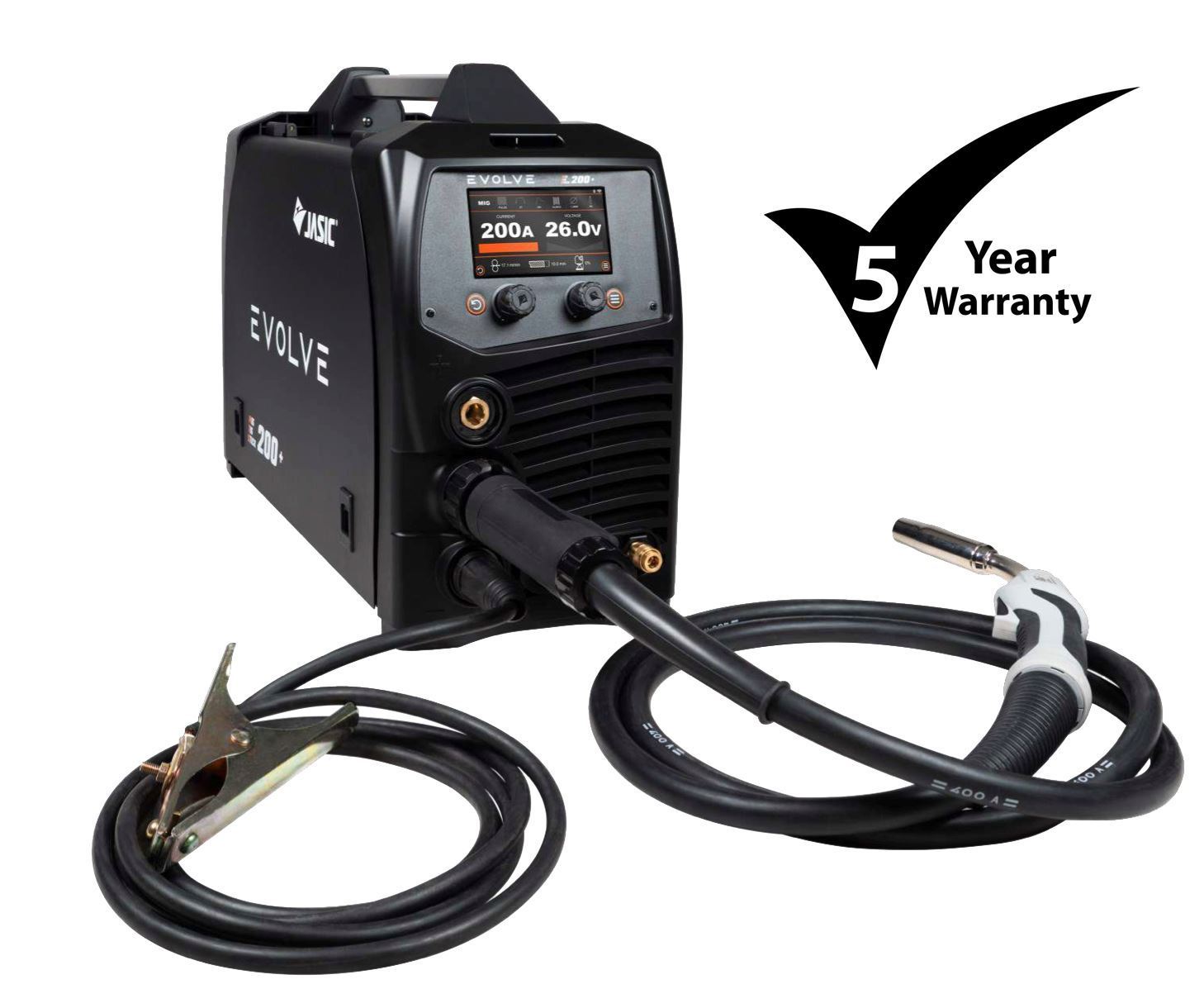 Black welding machine labelled Evolve with attached cables and torch. To the right of the machine, there is a symbol featuring a tick.