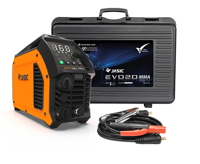 The Jasic Evo Arc 160 PFC welding machine, shown in orange and black with a digital display, comes complete with a case and included MMA leads with clamps; it features PFC technology and is displayed against a plain white background.