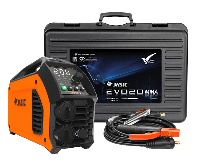 Orange and black Jasic EVO 2.0 MMA welding machine with digital display, black carrying case, and included cables and welding clamps arranged in front.