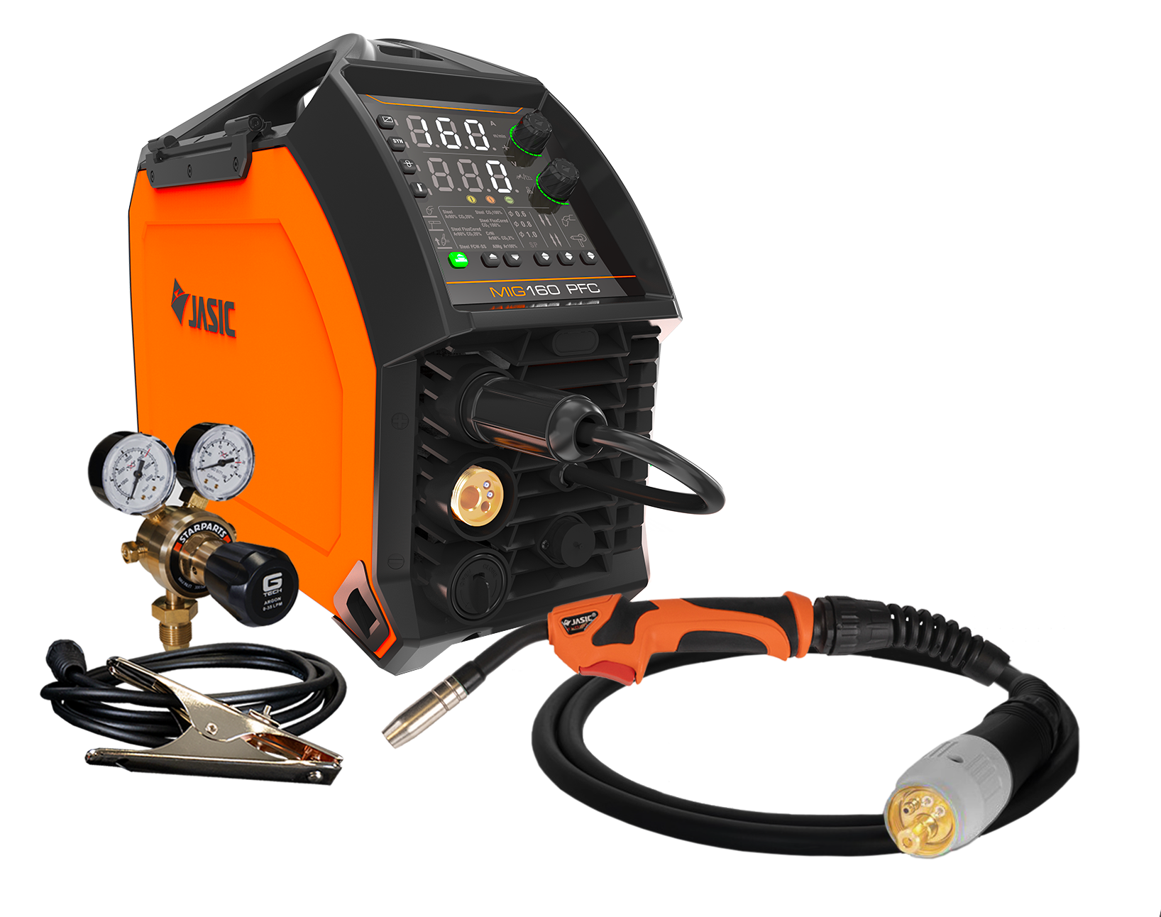 An orange and black MIG welder with a digital display, welding gun, cables, earth clamp, and gas regulator, all arranged on a white background.