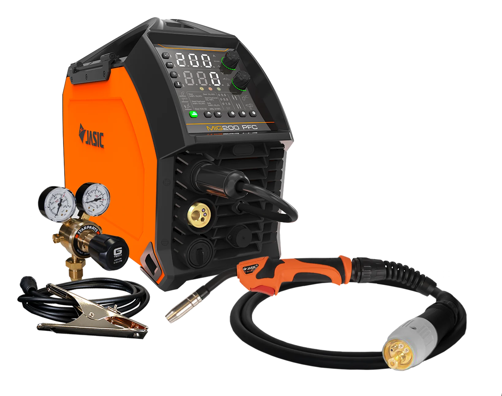 An orange and black welding machine with a digital display, connected welding torch, clamp, gas regulator, and cables, all set on a white background.