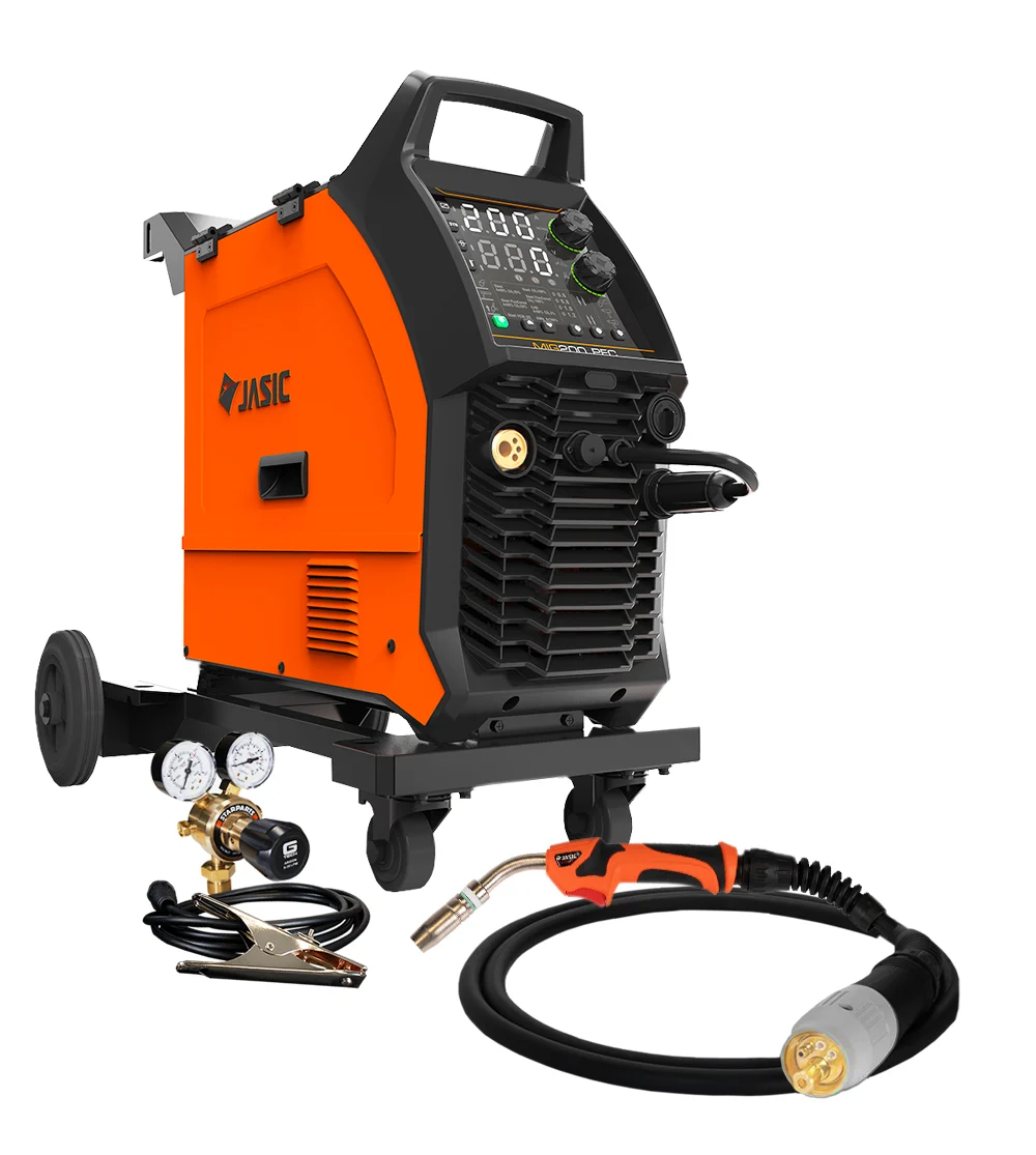 A Jasic EM-200CT EVO Mig 200 Multi Process Compact PFC 95-265v welding machine in orange and black, mounted on wheels, is shown on a white background with an attached hose, welding gun, and gauge accessories.
