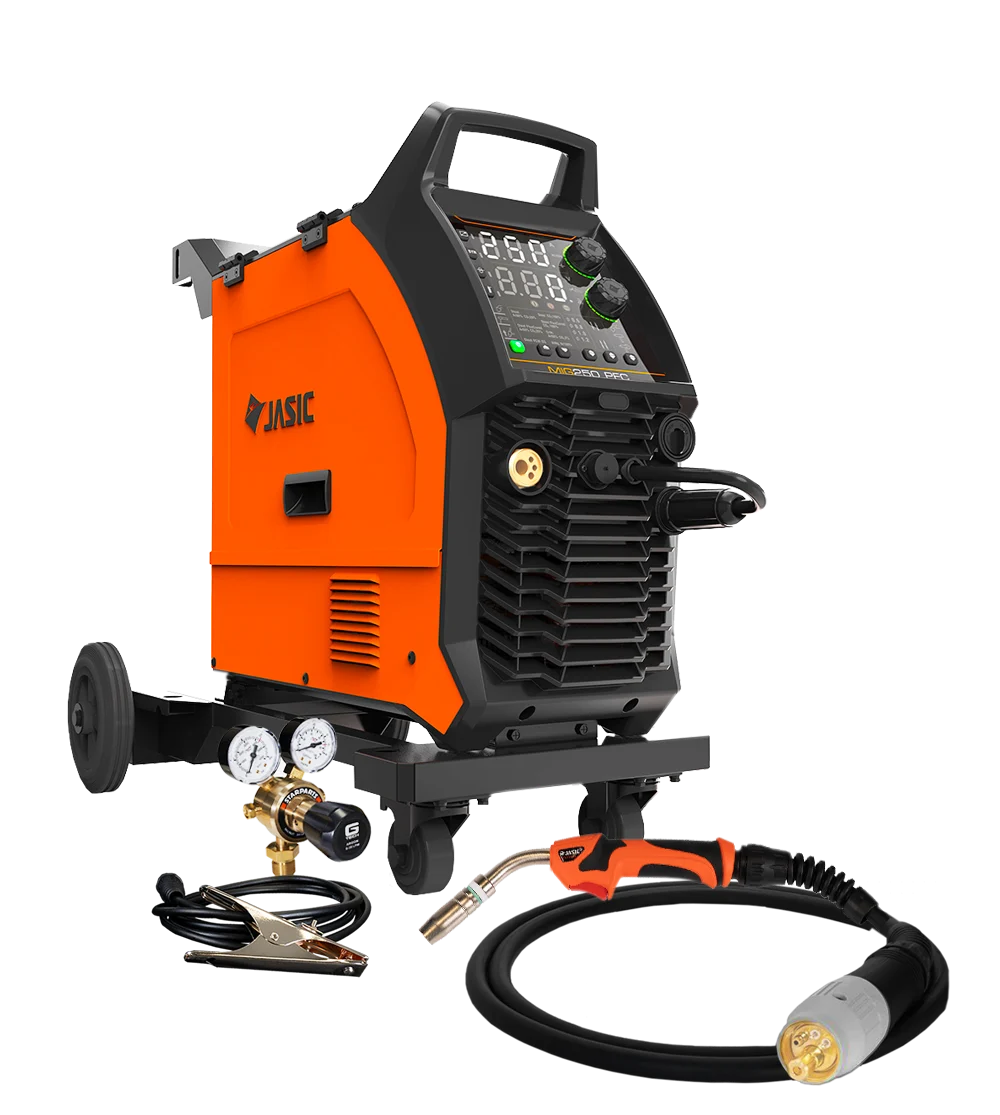 An orange and black Jasic EM-250CT EVO Mig 250 Multi-Process Compact PFC 95-265v welding machine with digital display, wheels, and handle is shown on a white background alongside a welding gun, earth clamp, and gas regulator. This versatile Mig 250 model delivers efficiency for a wide range of welding applications.
