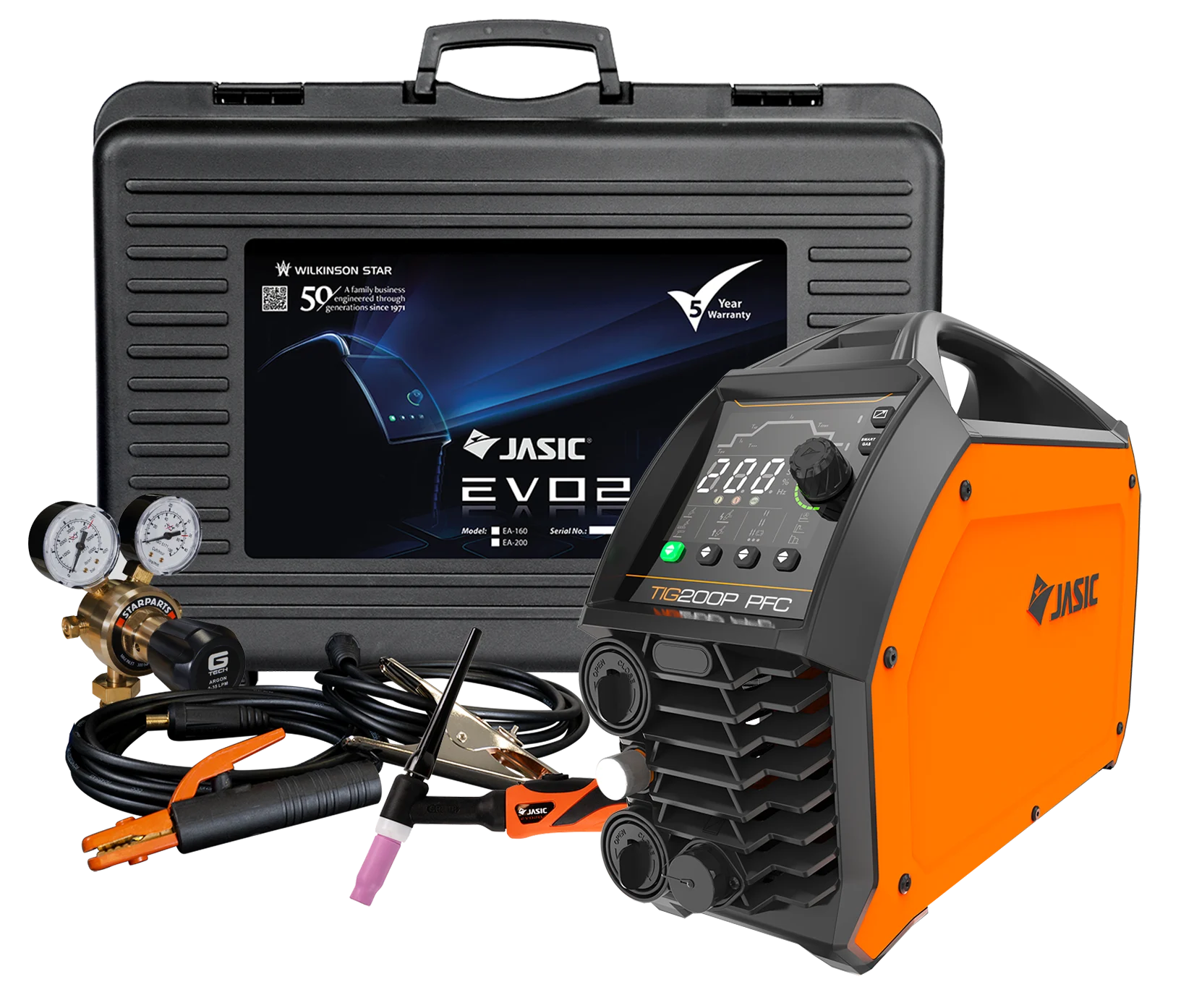 An orange and black JASIC welding machine is displayed with cables, a pressure regulator, clamps, and a black carrying case in the background.