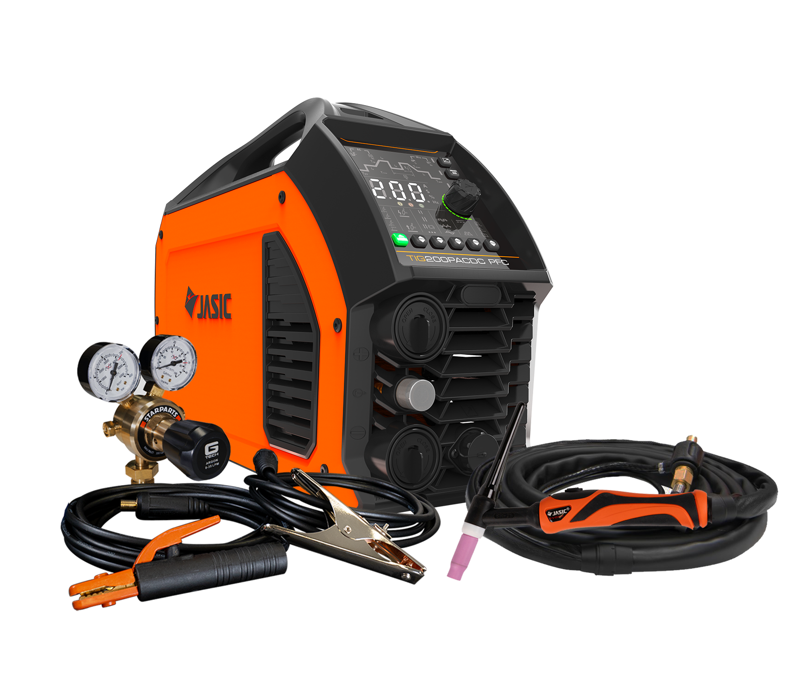 An orange and black welding machine with a digital display, control knobs, attached cables, a gas regulator featuring gauges, and various accessories placed nearby.