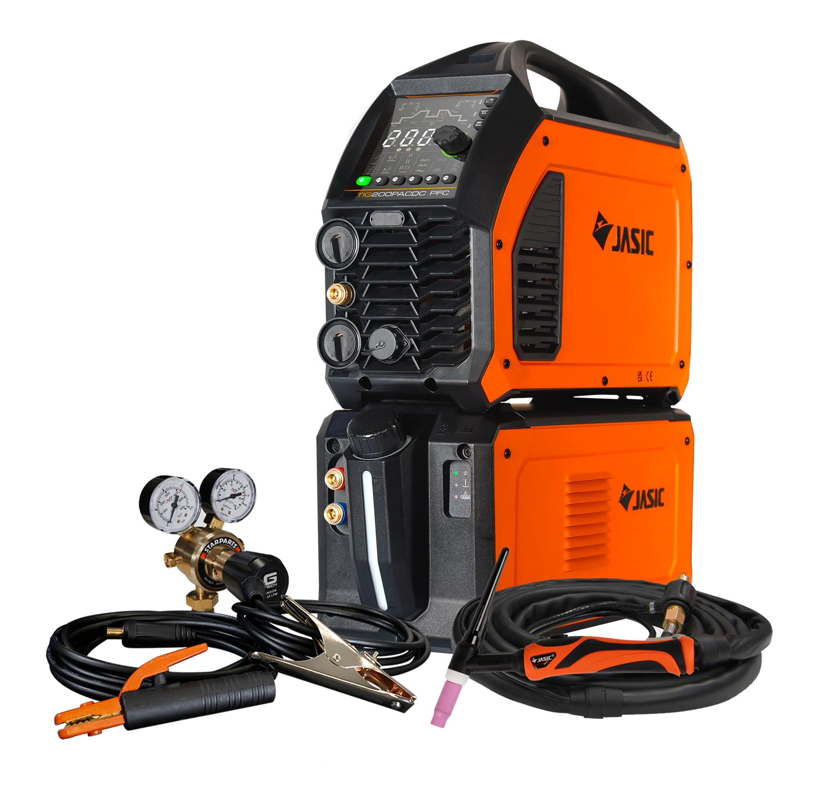 An orange and black JASIC welding machine set, featuring a welder, cables, electrode holder, gas regulator, and torch, displayed against a plain white background.