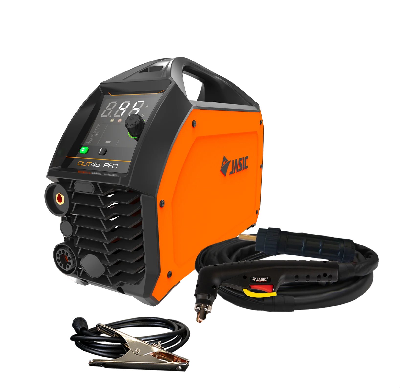 An orange and black JASIC CUT 45 Pro plasma cutter with a digital display, along with a torch and earthing clamp arranged in front, set against a white background.