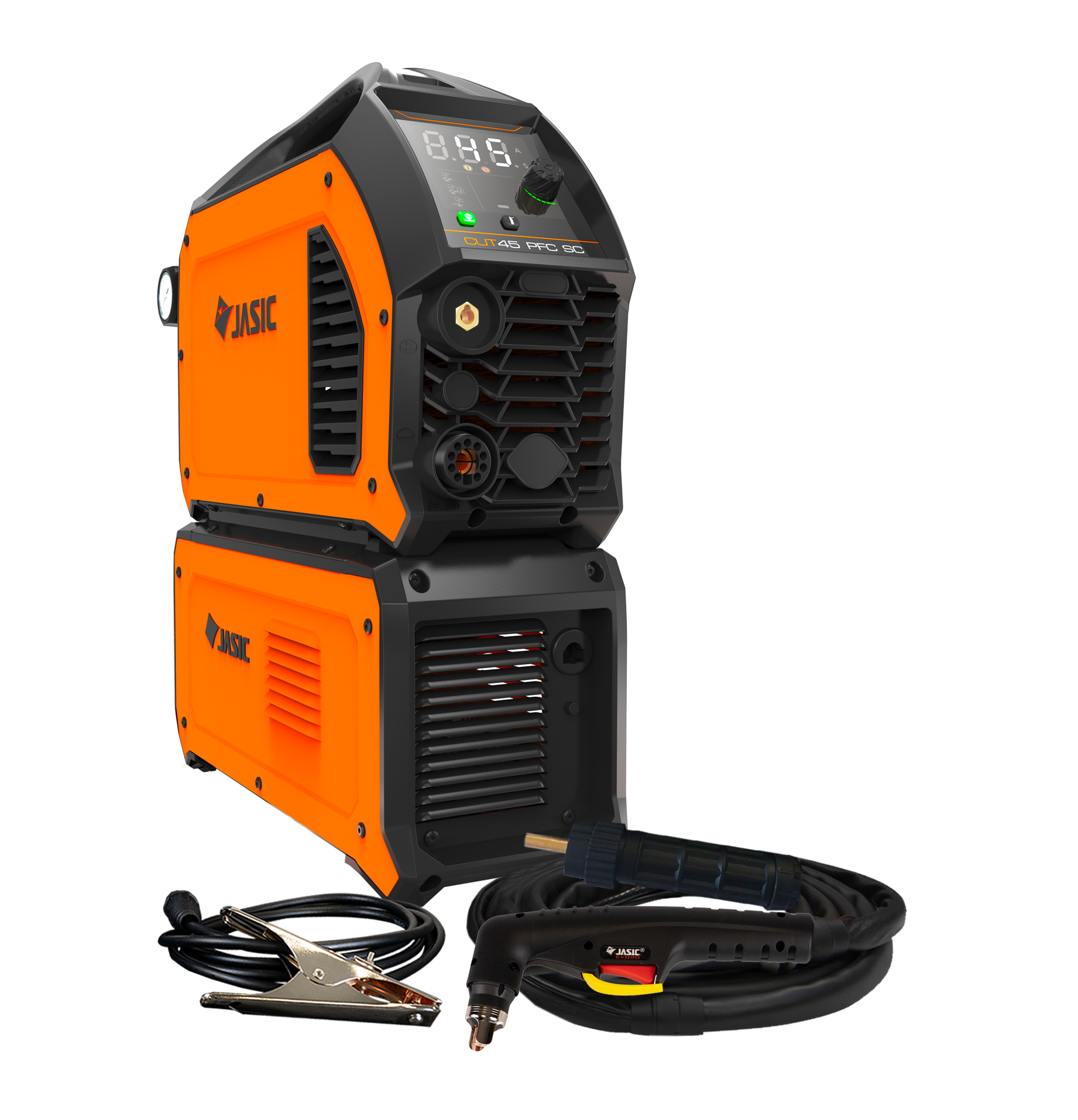 An orange and black welding machine with a digital display, accompanied by cables, a torch, and clamps, set against a white background.
