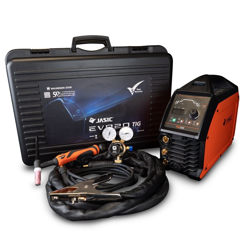 A portable TIG welding machine kit features an orange and black welder, a black carrying case, cables, clamps, a torch, and a gas regulator with gauges, all arranged neatly on a white background.