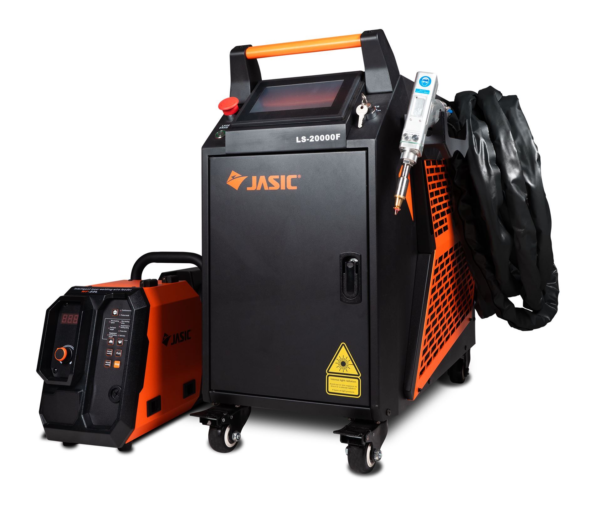 A black and orange JASIC LS-2000DF industrial machine on wheels, with attached cables, a control panel, and a connected smaller unit. A digital display and various buttons are visible on the smaller box.