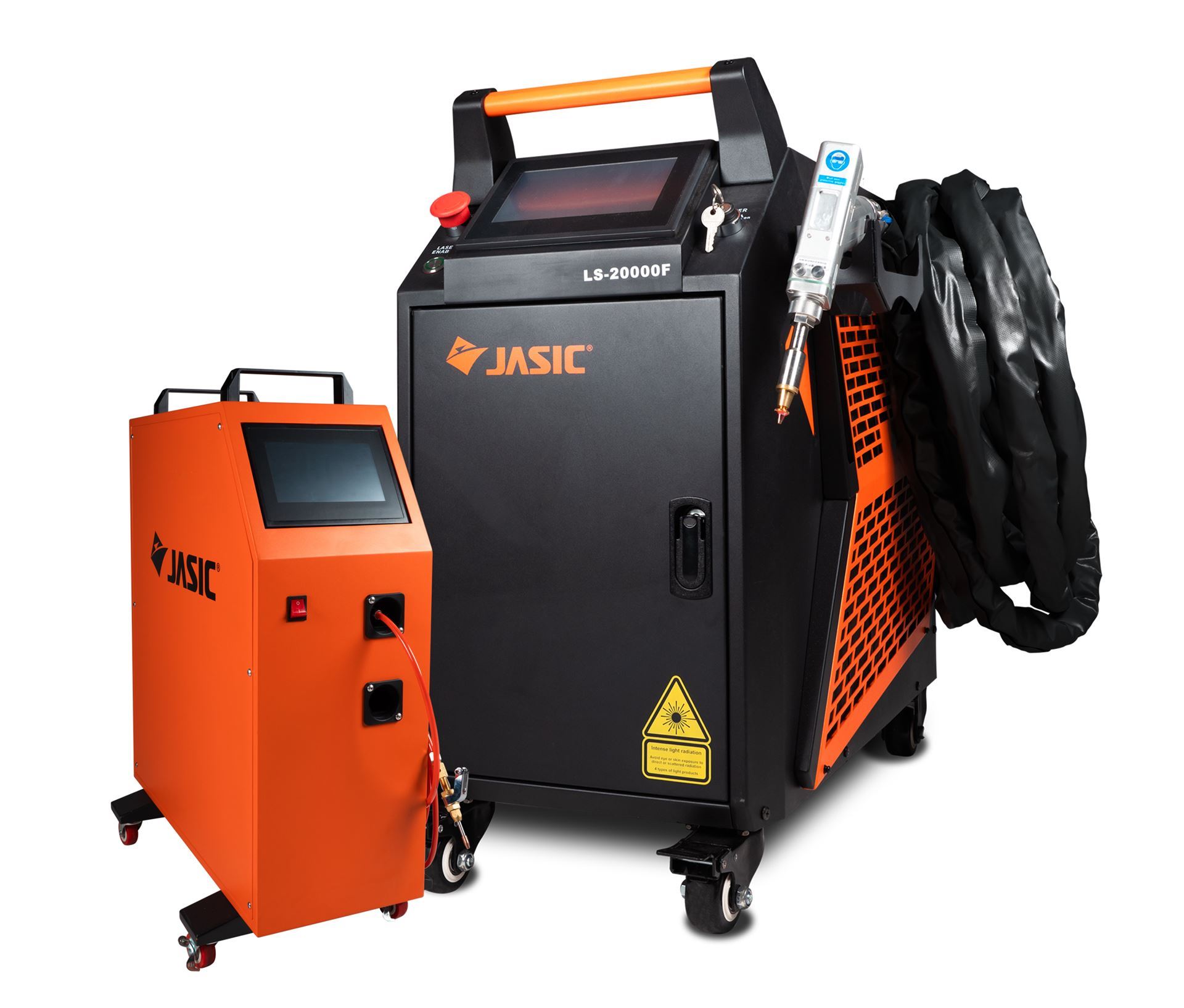 Two orange and black JASIC industrial machines with digital displays, one larger with a hose and tool attached, both on wheels, placed on a white background.