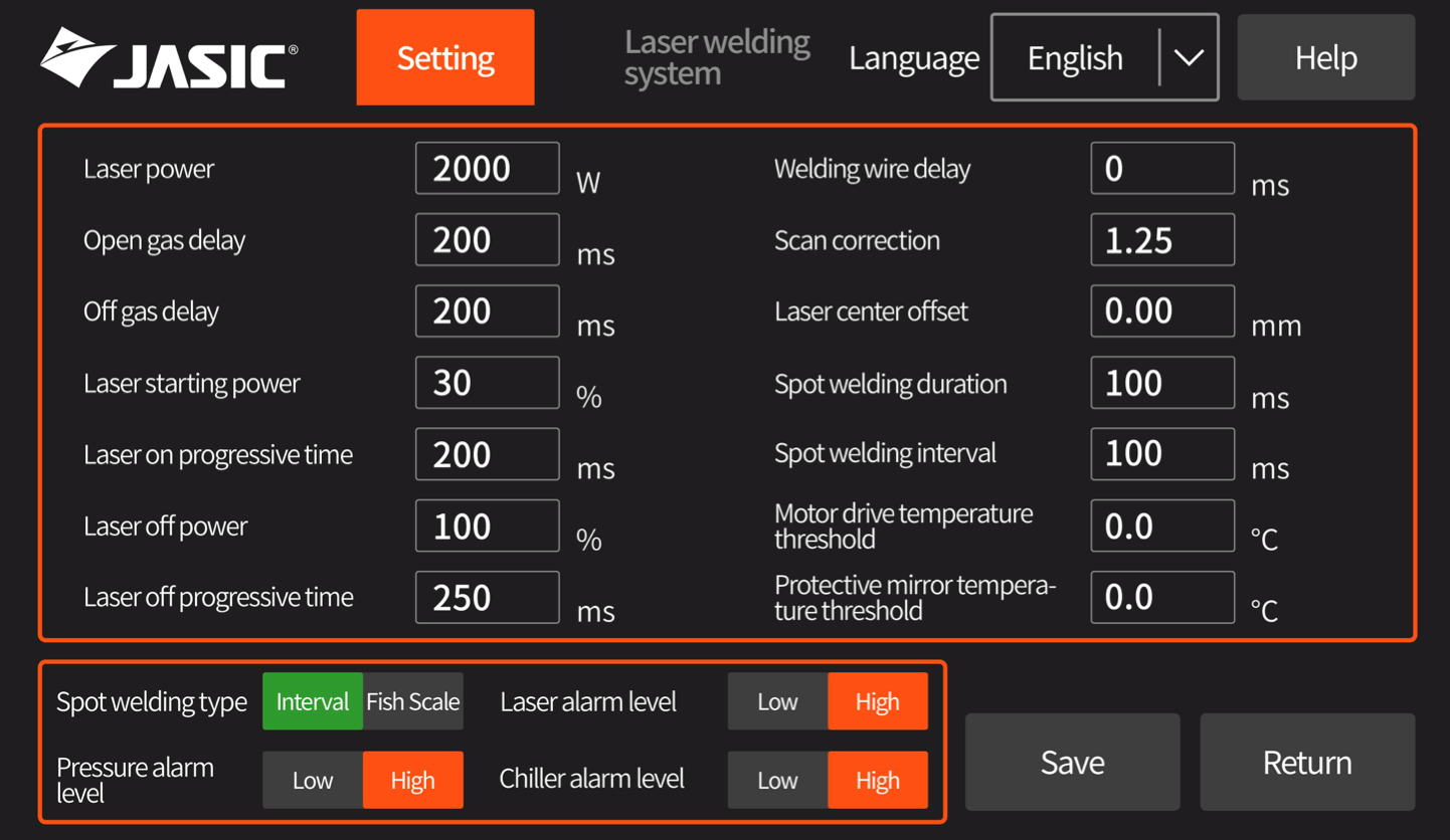 Laser welding system control panel interface with orange and grey buttons, displaying settings for laser power, gas delays, welding parameters, and alarm levels. Multiple numerical fields and toggles are visible along with Save and Return buttons.