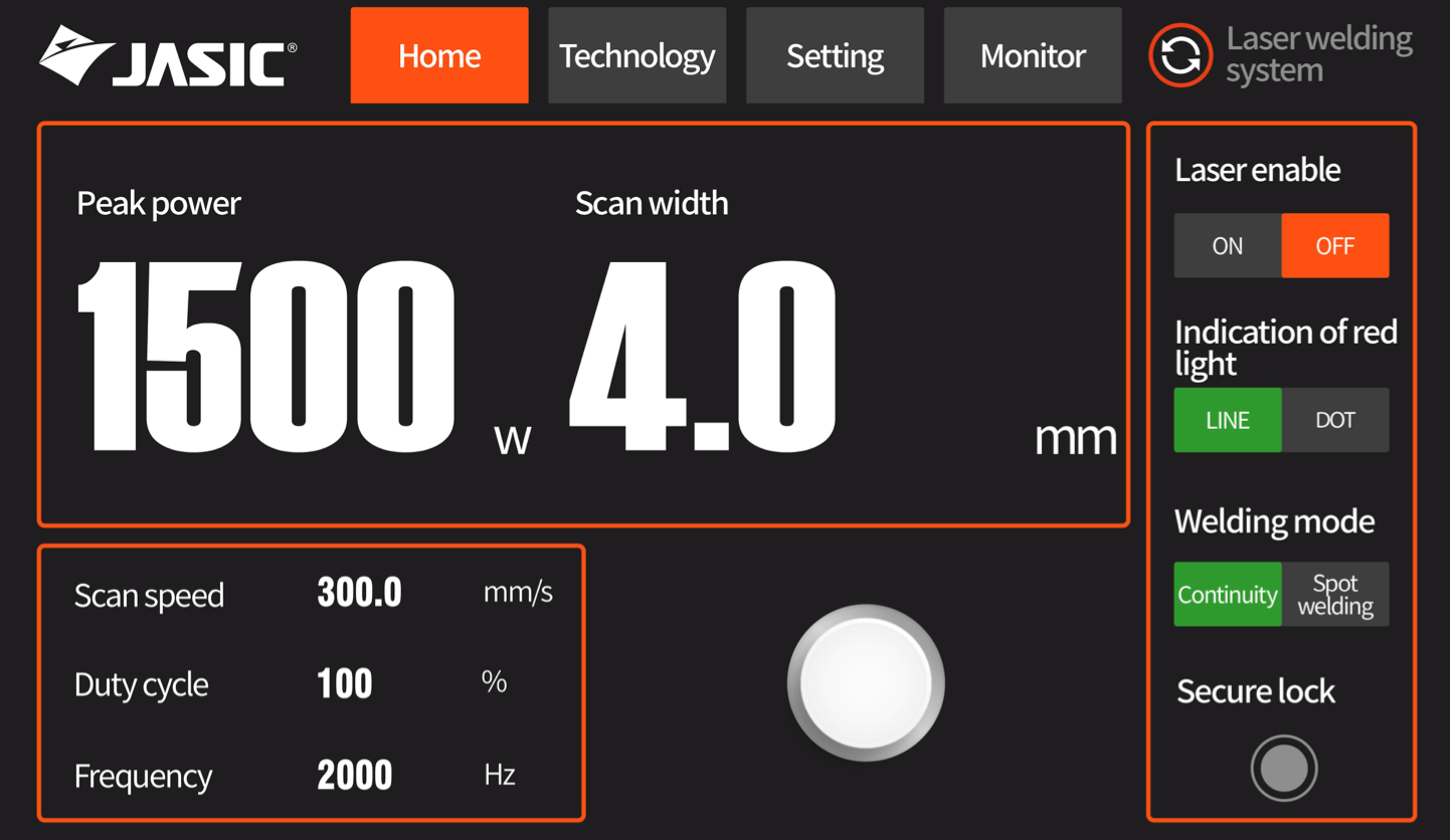 Laser welding system interface screen displaying power at 1500W, scan width 4.0mm, scan speed 300mm/s, duty cycle 100%, and frequency 2000Hz. Multiple toggles and settings are visible on the interface.
