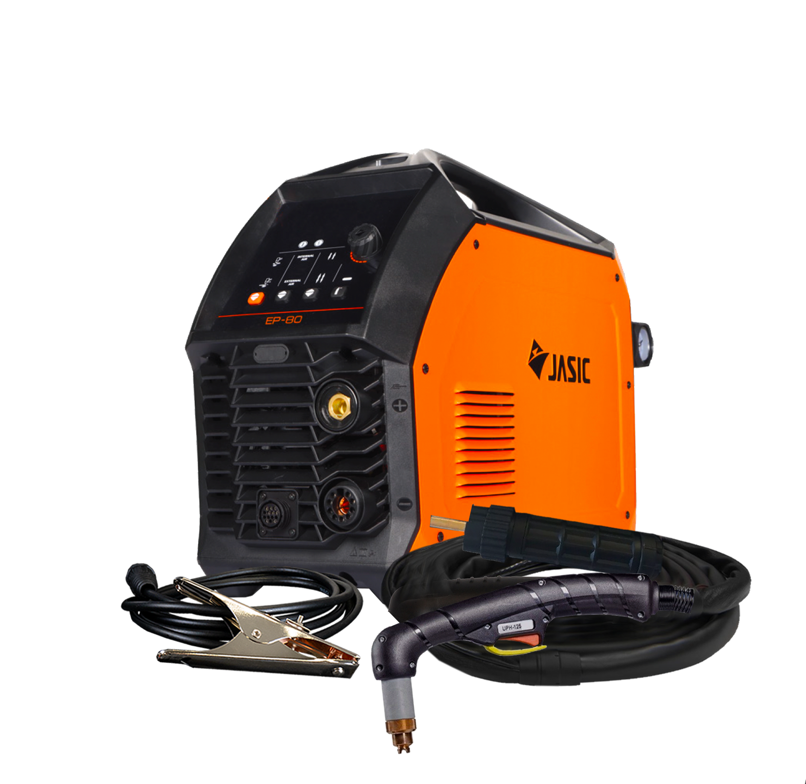 An orange and black JASIC welding machine with attached cables, a welding torch, and an earthing clamp placed in front on a white background.