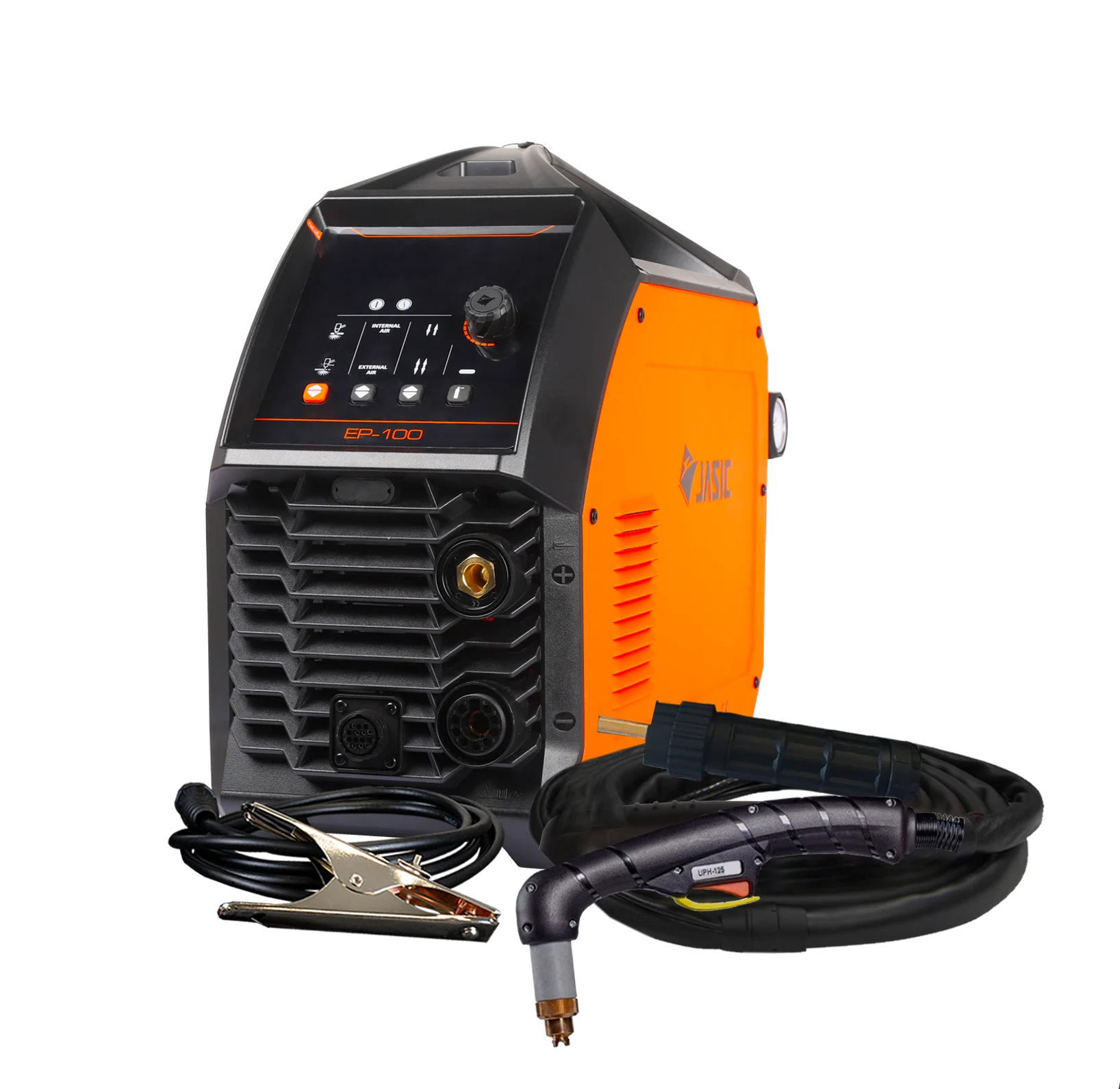An orange and black welding machine with attached cables and a torch set against a white background.