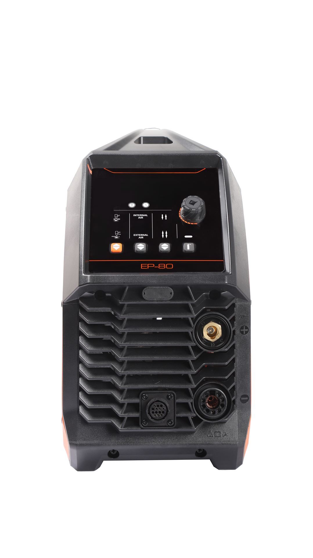 A black and orange welding machine with a digital display, control knob, and connector ports on the front panel.