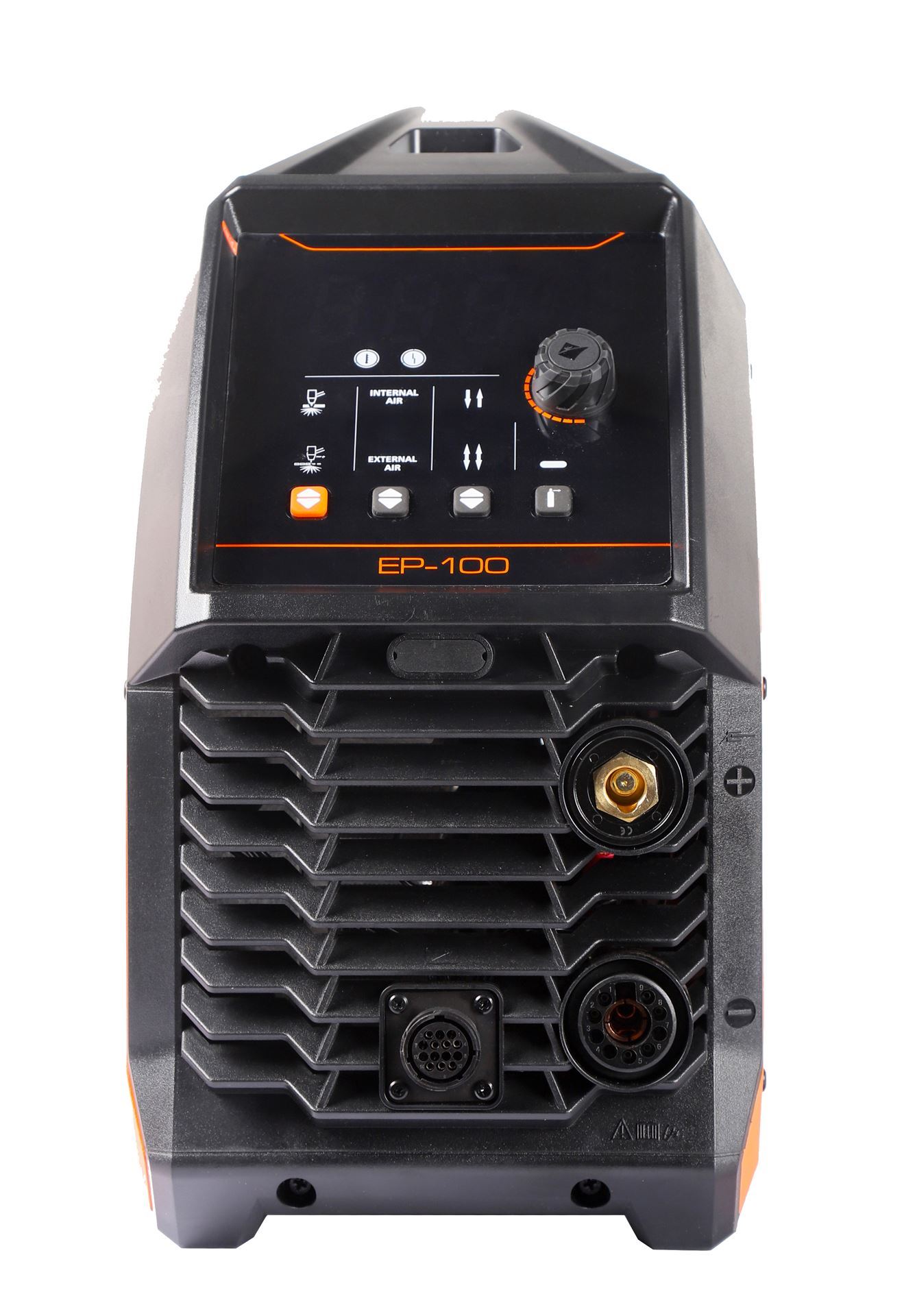 A black and orange welding machine with control buttons, a display panel, dials, and multiple connection ports on the front.