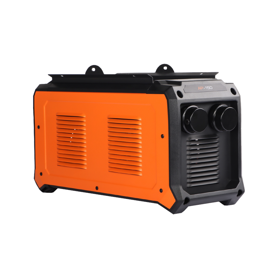 Orange and black industrial device featuring vented side panels and two round black knobs on the front, displayed against a white background.