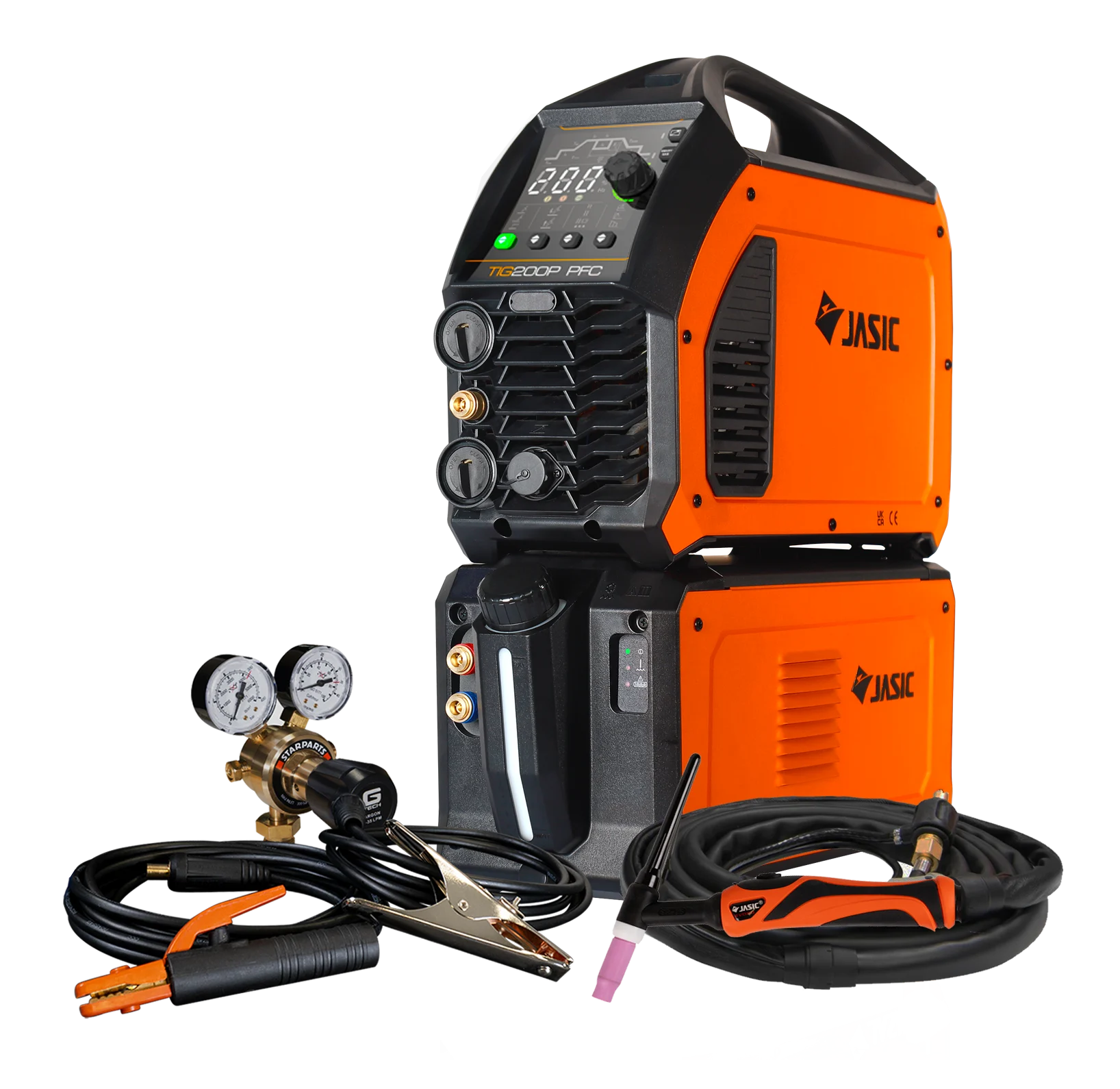 An orange and black Jasic welding machine with a digital display, gauges, attached cables, and a welding torch, accompanied by additional connectors and components arranged in front of the machine.