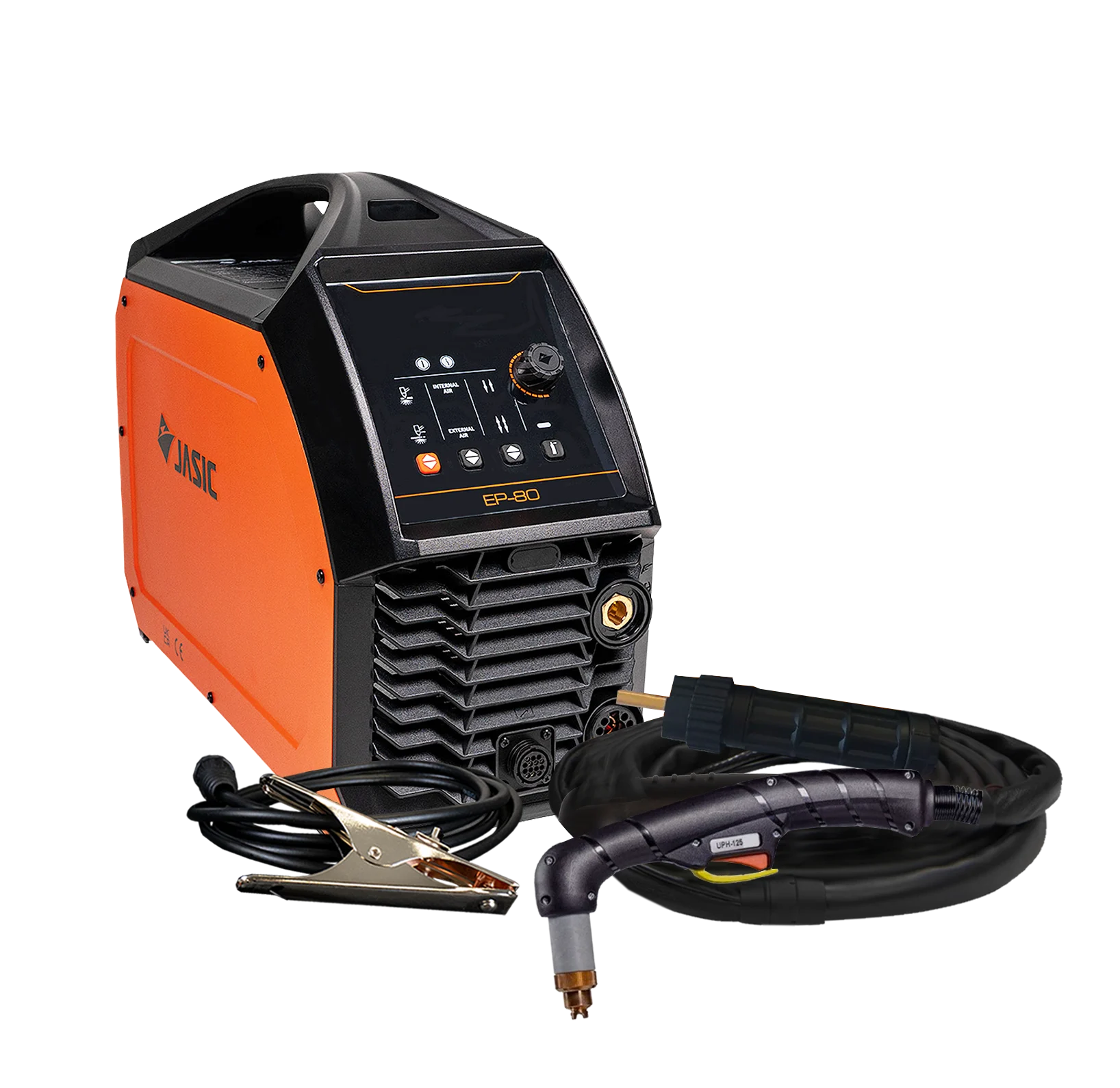 An orange and black welding machine with a digital display, accompanied by cables, a clamp, and a handheld welding torch, all placed on a white background.