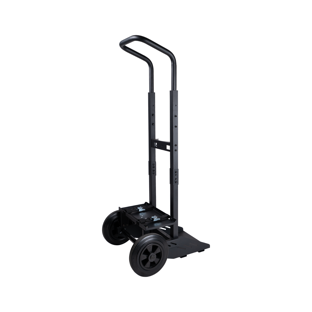 A black metal sack truck with tall handles, two large wheels, and a flat base for carrying items, shown against a white background.