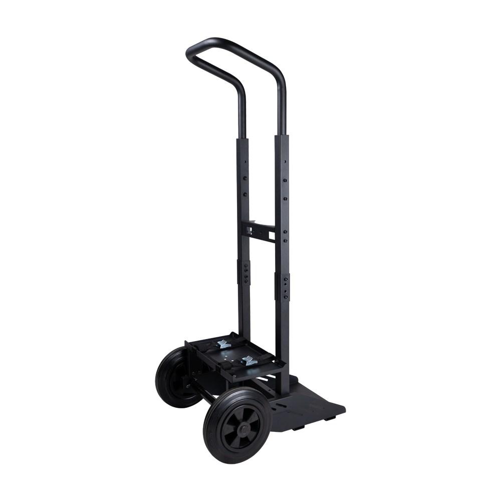 A black metal sack truck with a folding platform and two large wheels, built for moving heavy items. It features a U-shaped handle and a design that is both compact and sturdy.