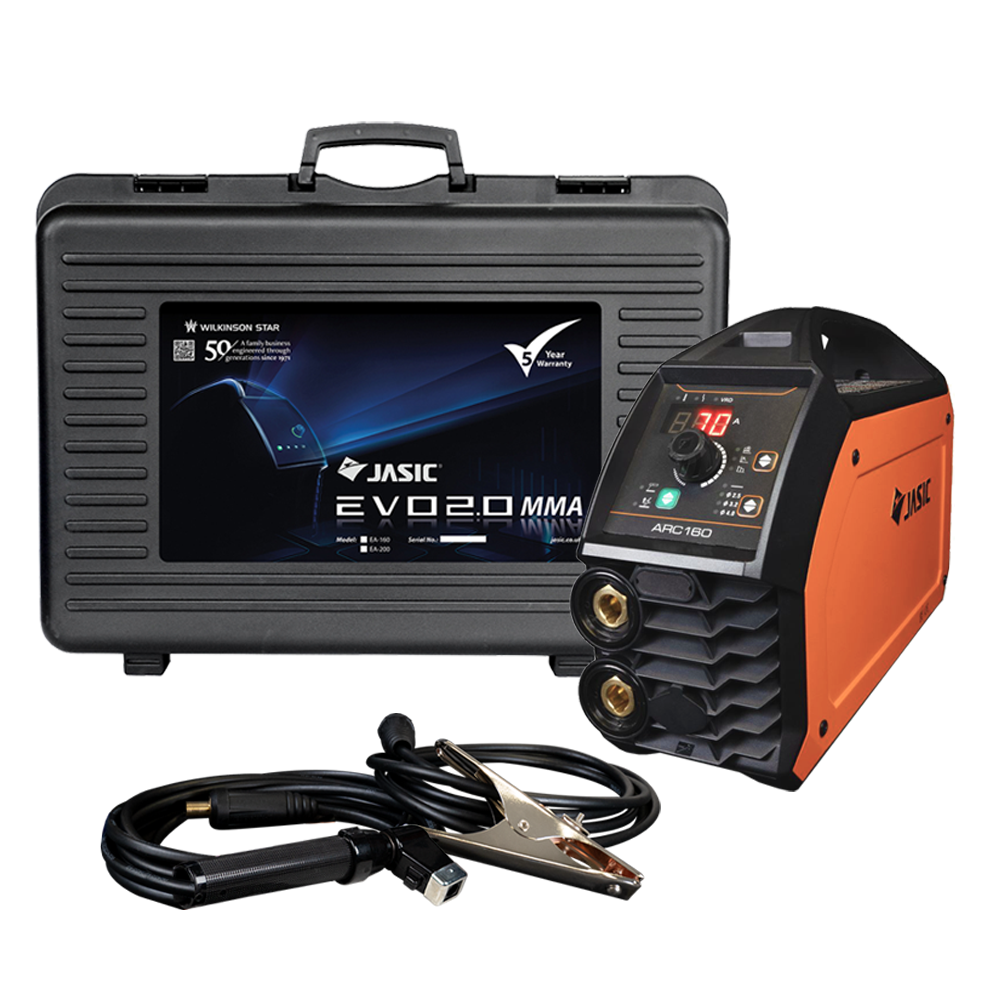 A portable welding machine kit featuring a black carrying case, an orange and black welding machine, and attached black cables with clips.