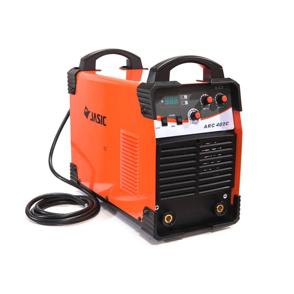 Orange and black JASIC ARC 402C welding machine featuring control dials, a display panel, carrying handles, and an attached thick power cable, set against a white background.