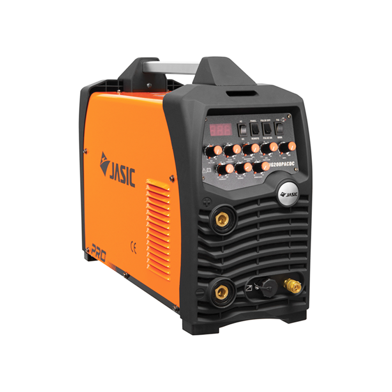 Orange and black JASIC welding machine with digital display, control knobs, vents, and connectors on the front panel. The model appears compact and portable with a handle on top.