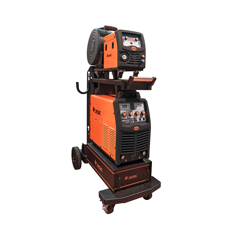 Orange and black industrial welding machine on wheels with hose, control panels, and power unit, manufactured by Jasic, shown against a white background.