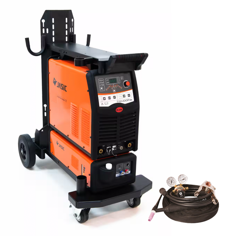 A JASIC welding machine on wheels with control panels, positioned beside a coiled welding torch, regulator, and cable set.