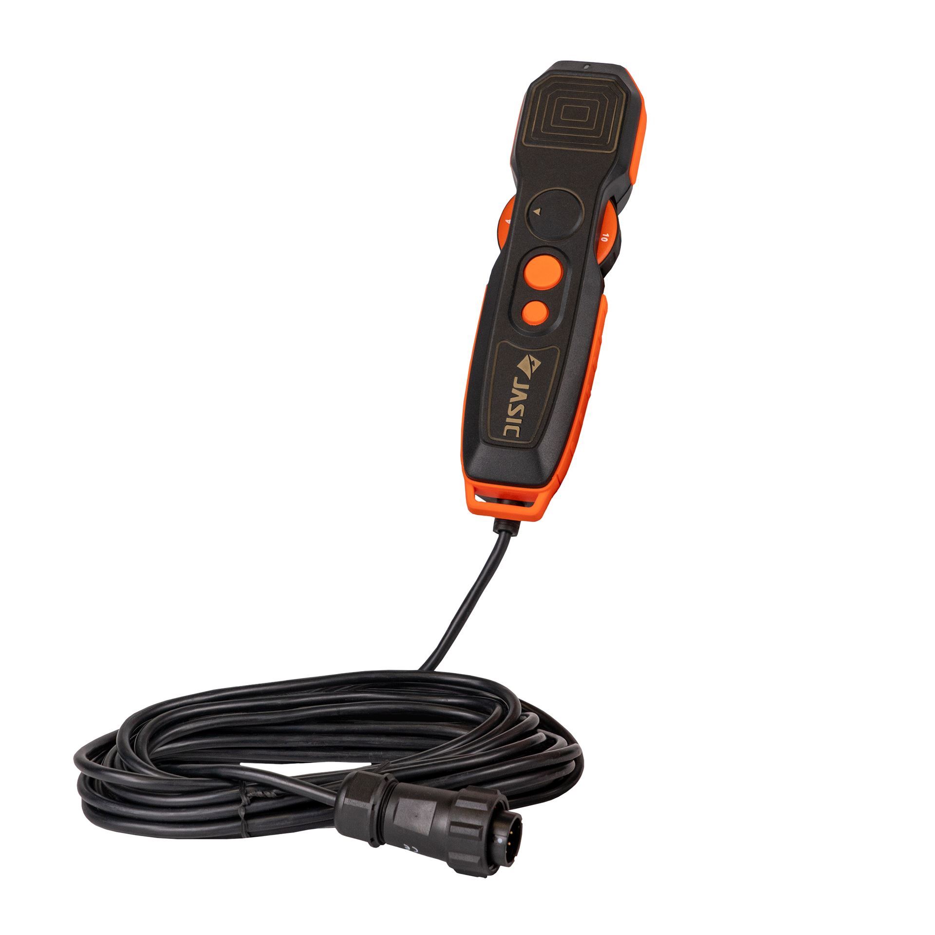 A black and orange handheld remote control with buttons and a long coiled cable ending in a connector plug, isolated on a white background.