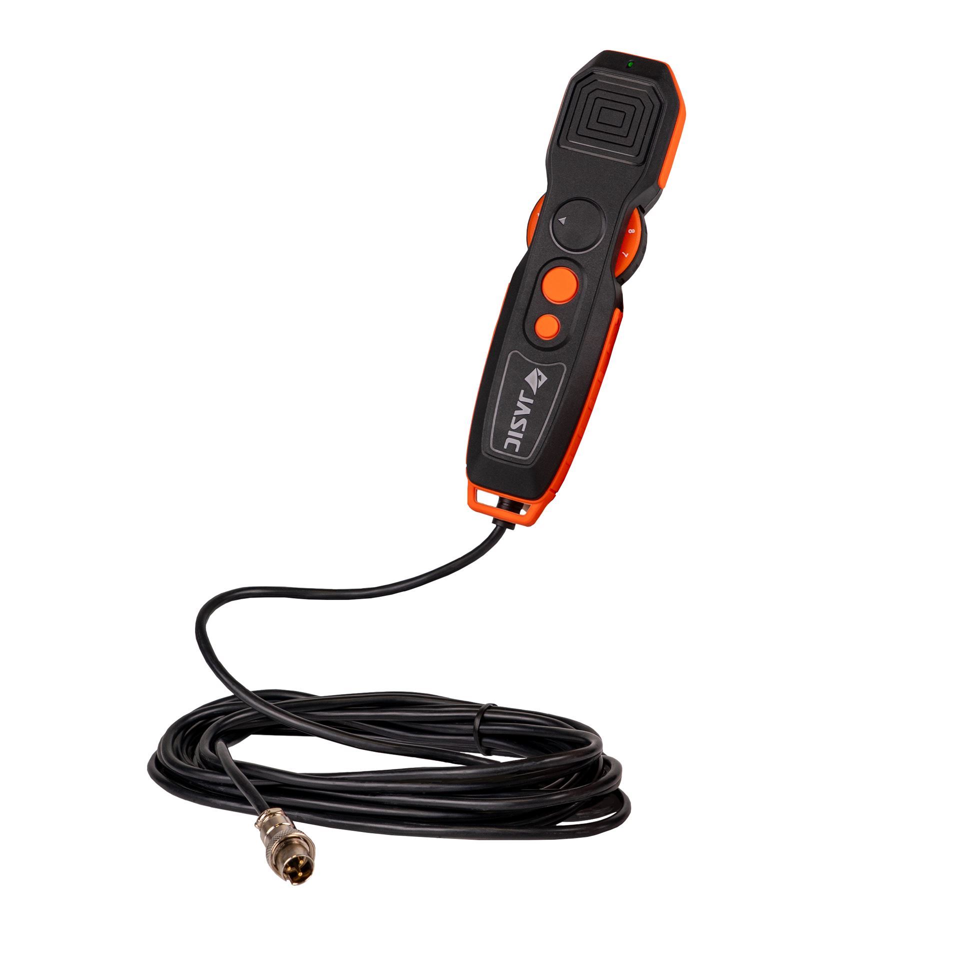 A black and orange handheld remote control with two orange buttons and a long black cable ending in a metal connector, coiled on a white background.