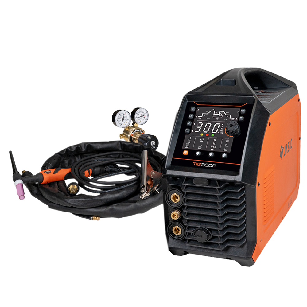Orange and black TIG welding machine with digital display, attached cables, gauges, and a welding torch placed beside it, all on a white background.