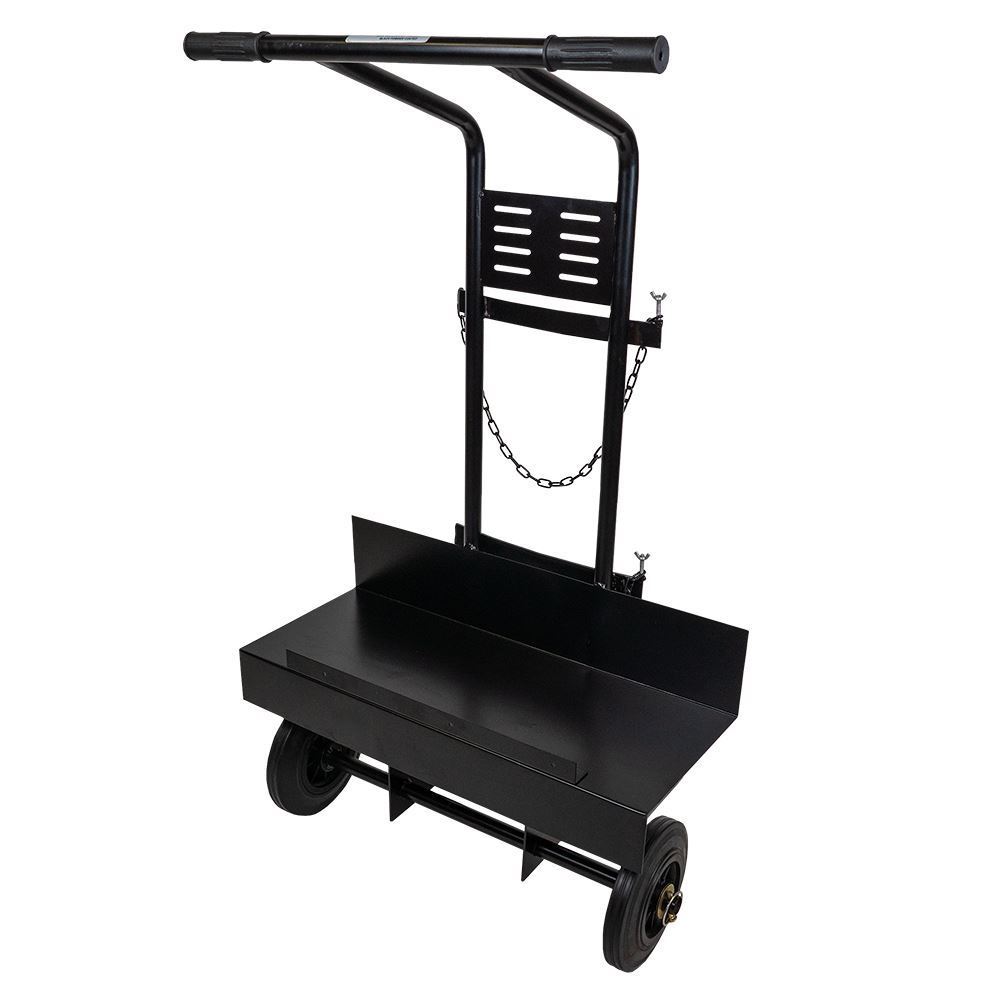 Black metal utility trolley featuring two wheels, a flat platform, an upright handlebar with grips, and a small vertical plate with holes; built for transporting heavy items such as gas cylinders.