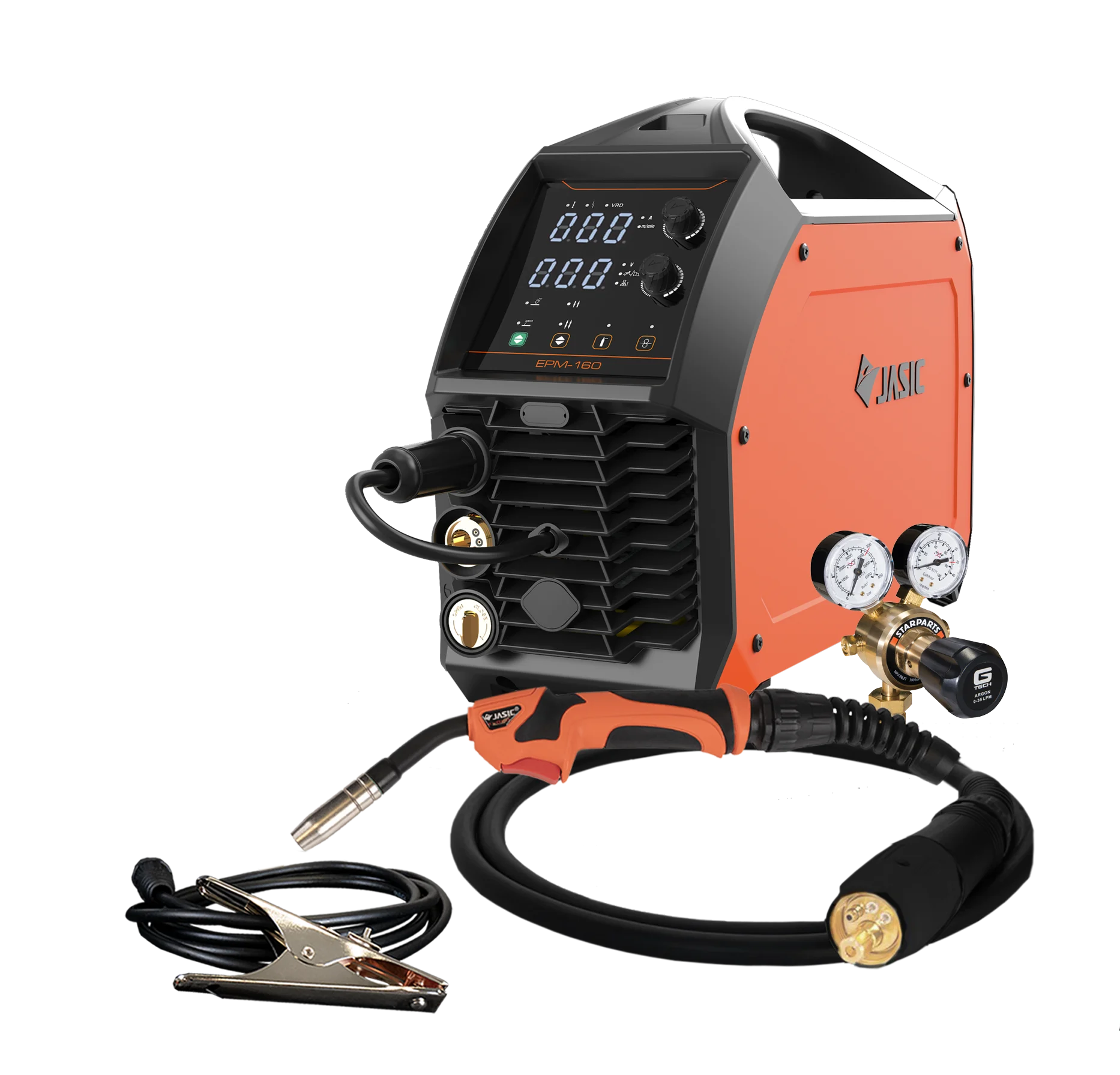 An orange and black welding machine with a digital display, attached welding torch, cables, gauges, and connectors on a plain white background.