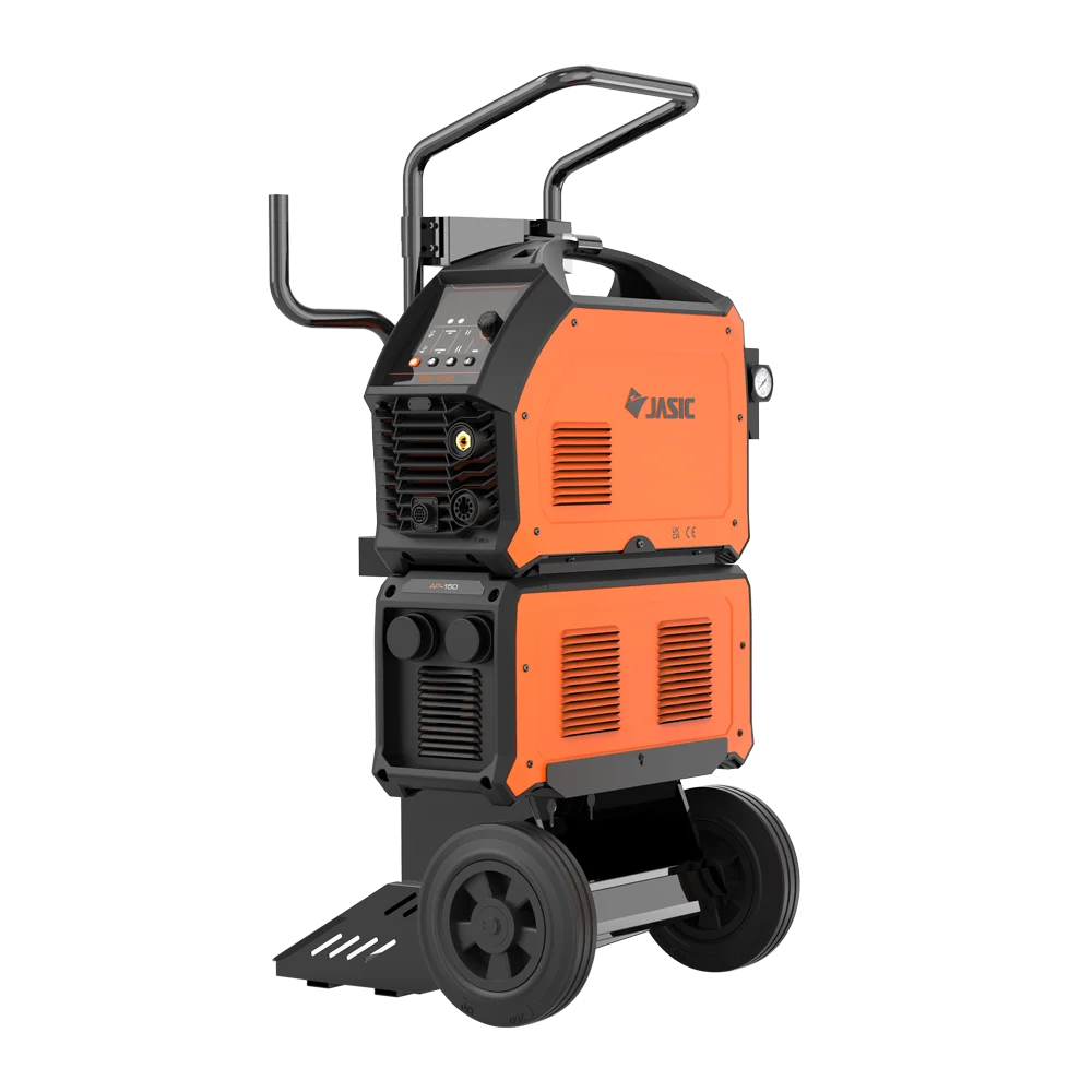 Orange and black portable welding machine with wheels, handles, and control panel, standing upright on a light background.