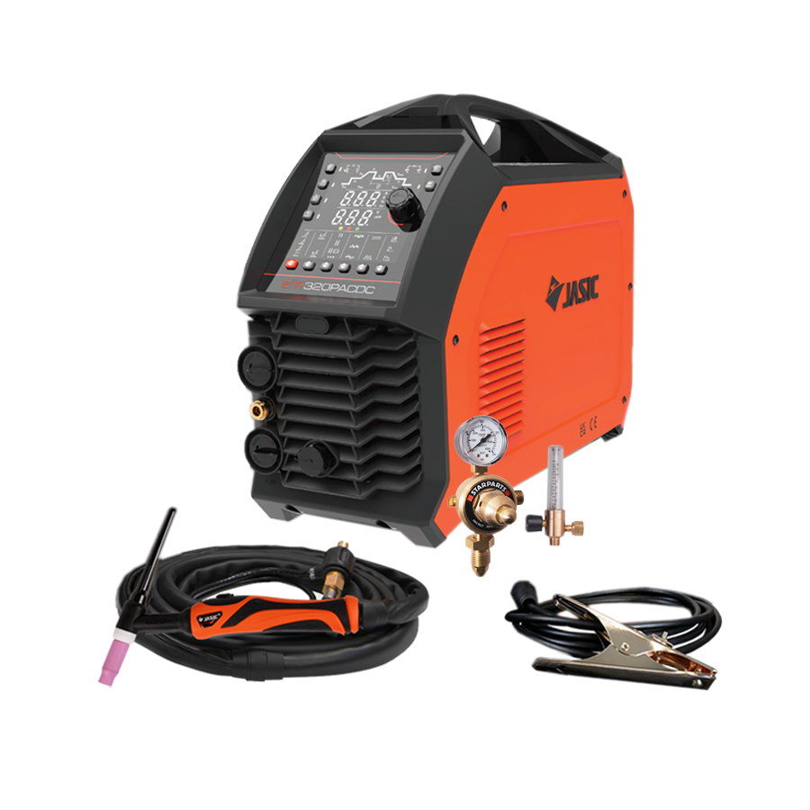 An orange and black welding machine with a digital display, featuring attached cables, a welding torch, a pressure gauge, and a clamp on a white background.