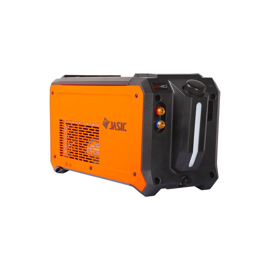 An orange and black JASIC welding machine with connection ports and a handle, shown at an angle on a white background.