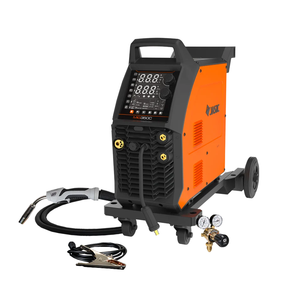 An orange and black MIG welding machine on wheels, featuring a digital display, attached cables, a welding torch, a clamp, and a gas regulator, all set against a white background.