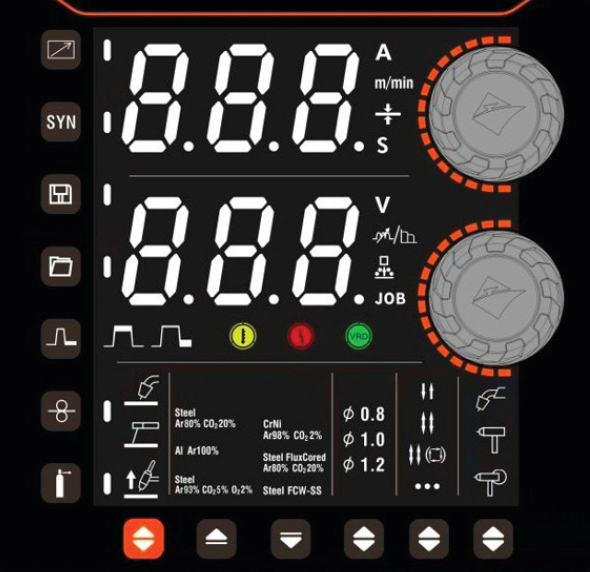 Digital welding machine control panel with LED displays, adjustment knobs, and various icons indicating settings for welding modes, materials, and parameters. Symbols for steel, aluminium, and steel flux-cored welding are visible.