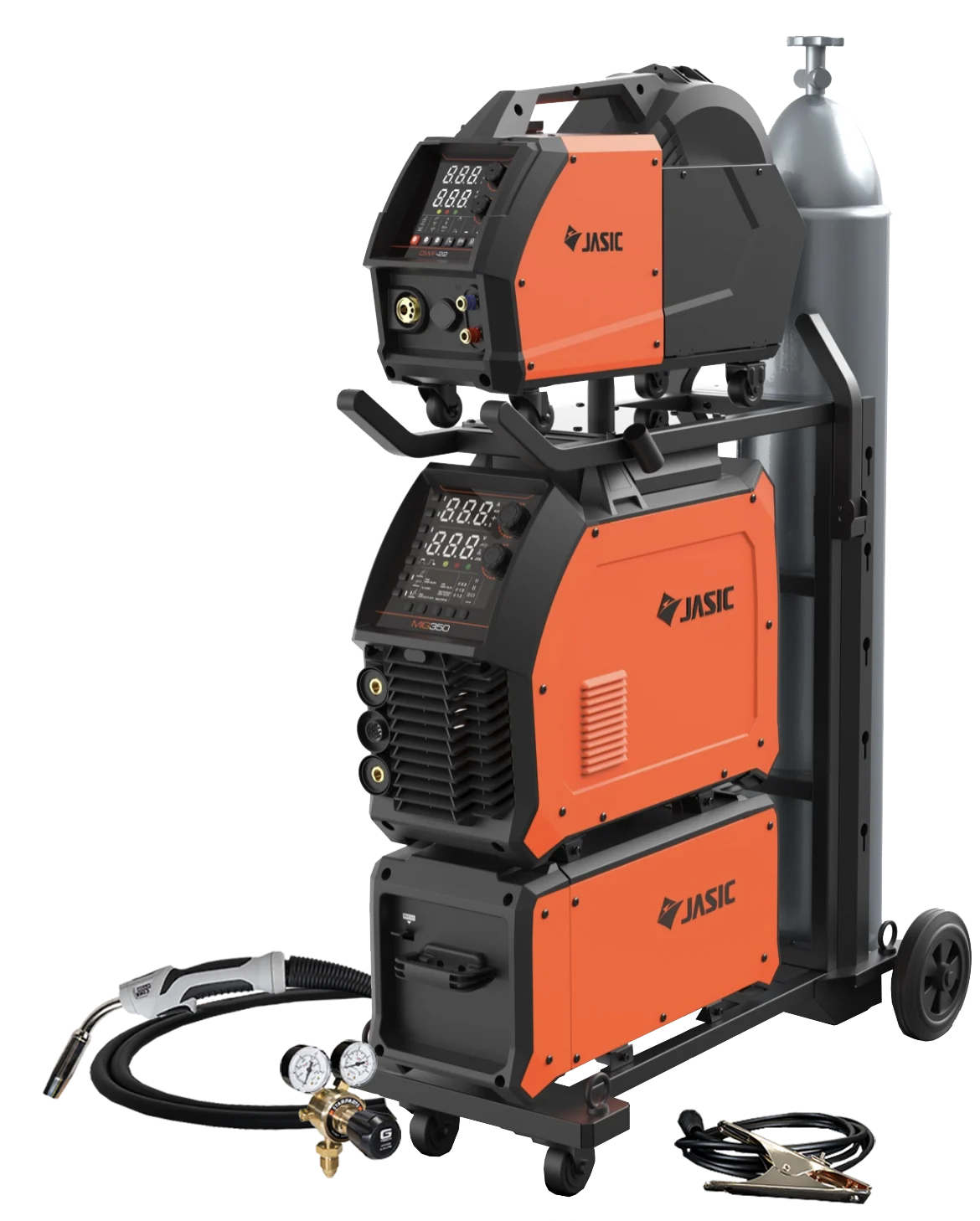 Orange and black welding machine with digital displays, mounted on a wheeled trolley. A gas cylinder is attached at the back. Hoses, cables, and a welding torch are placed in front of the trolley.