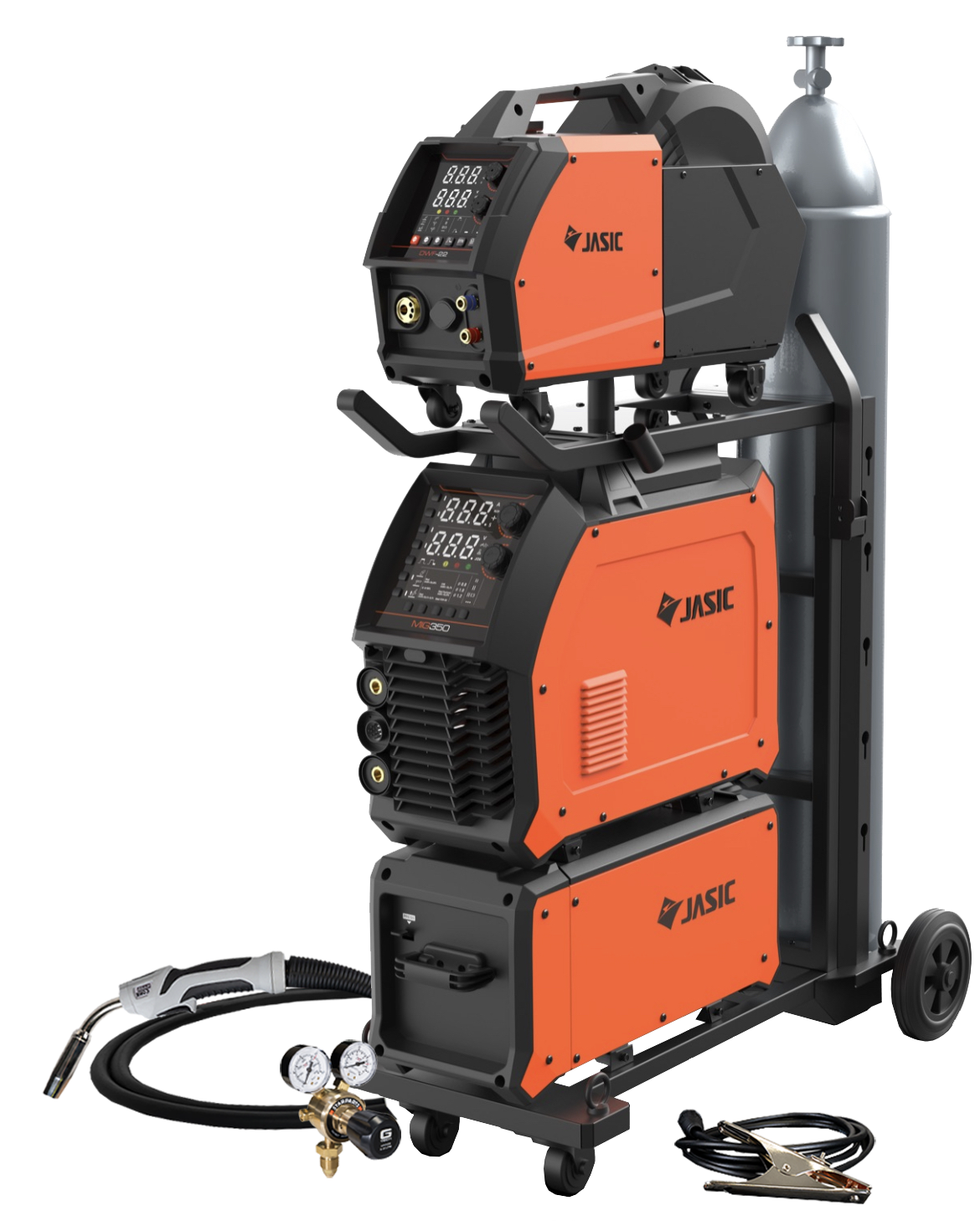 A welding machine set-up with digital displays, orange and black JASIC units, gas cylinder, cables, welding torch, and clamps, all mounted on a wheeled trolley.