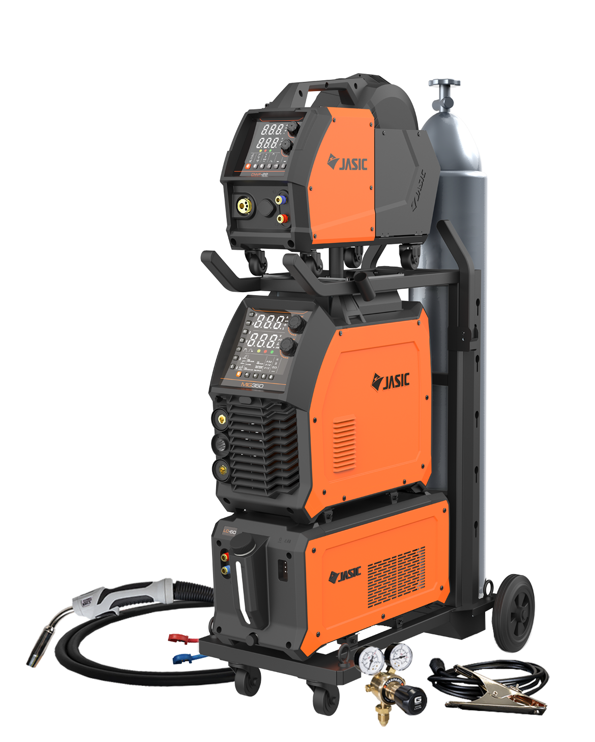 Three orange and black Jasic welding machines stacked on a trolley with an attached gas cylinder, cables, welding torch, and gauges, against a white background.
