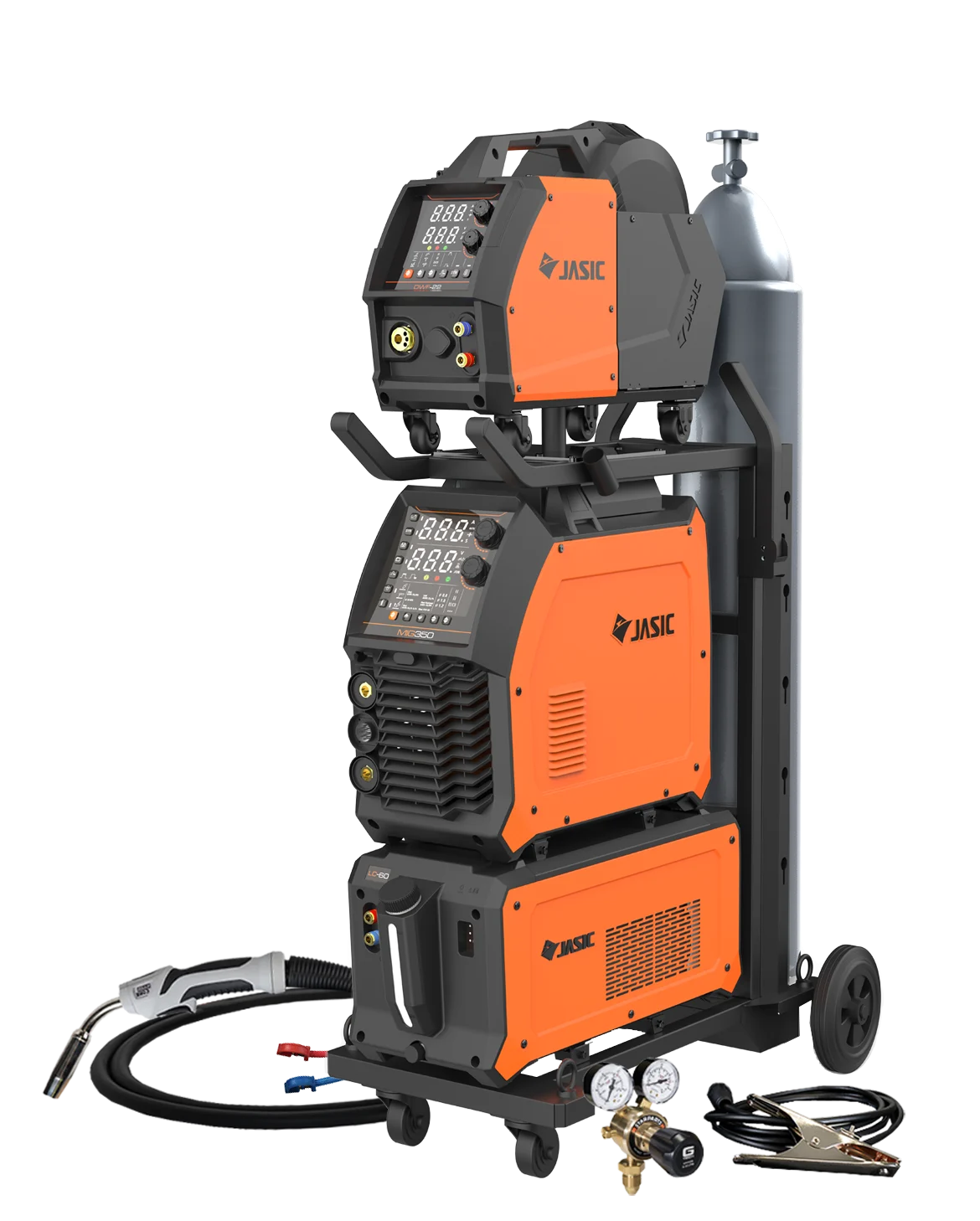 A stack of orange and black Jasic welding equipment, featuring the Jasic EM-500S EVO Mig Multi-Process Separate Water Cooled 400v welder, is neatly arranged on a wheeled trolley with attached cables, a welding torch, gauges, and a gas cylinder. This advanced setup includes water-cooled technology and is displayed against a clean white background.