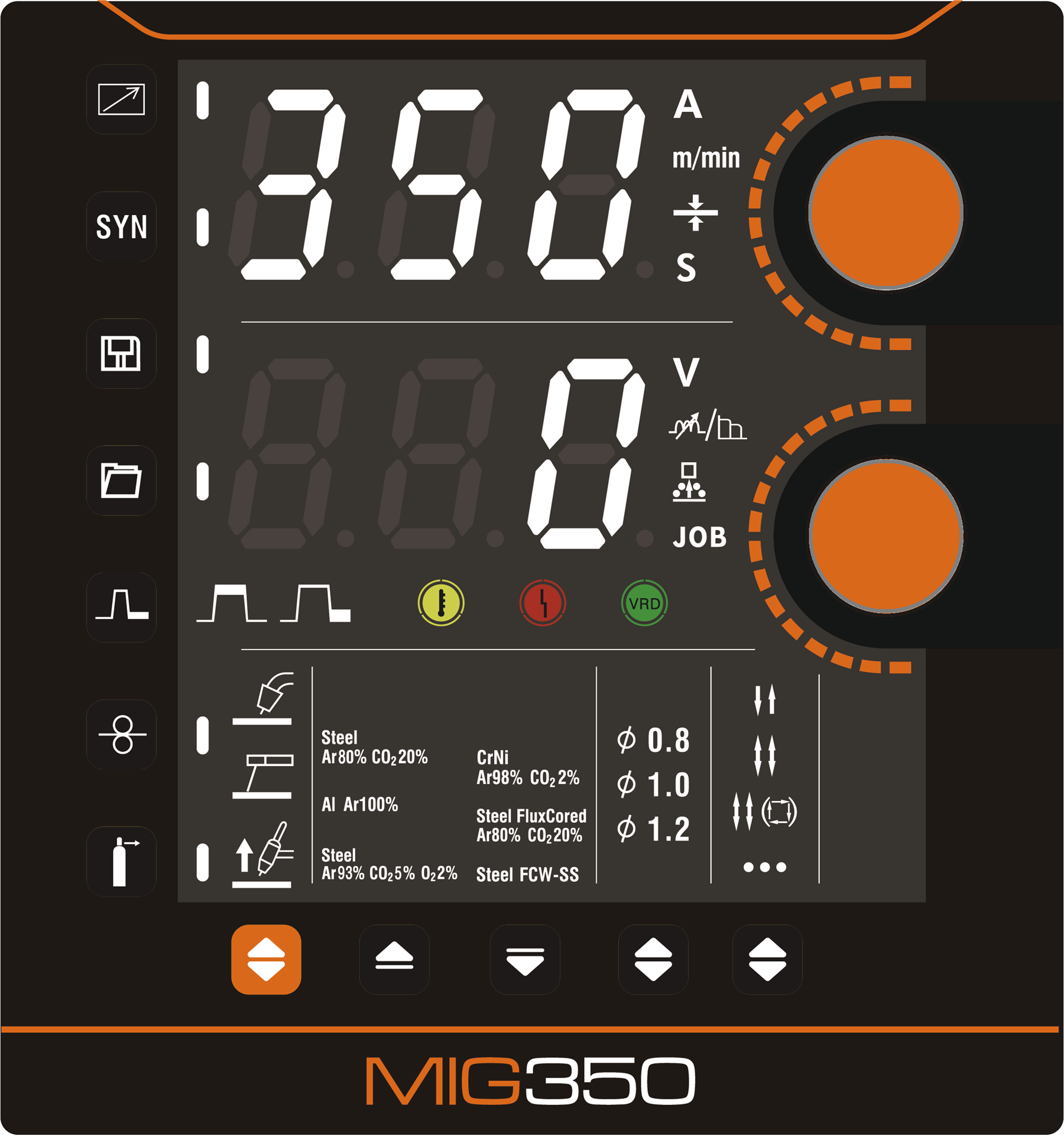Digital control panel for a MIG350 welding machine displaying settings such as amperage, wire speed, material type, and adjustment knobs, featuring various function icons and indicators.